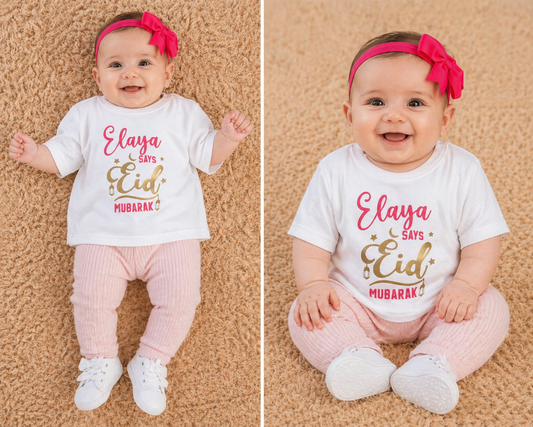 Baby First Eid Mubarak T-Shirt – Cute Personalized Eid Outfit for Infants, Soft Cotton Festive Wear for Newborn Boys & Girls