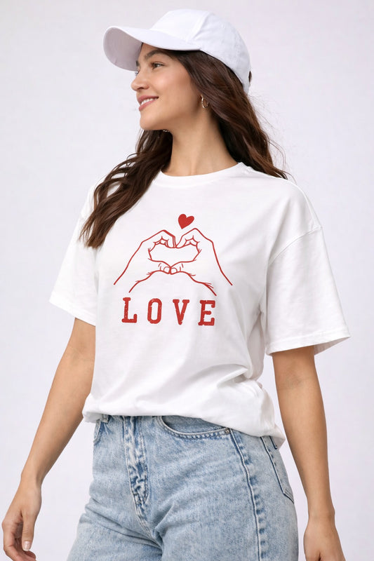 A white T-shirt with a “Love” print for women is the perfect mix of simplicity and expression.