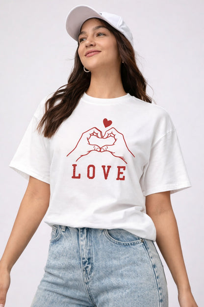 A white T-shirt with a “Love” print for women is the perfect mix of simplicity and expression.