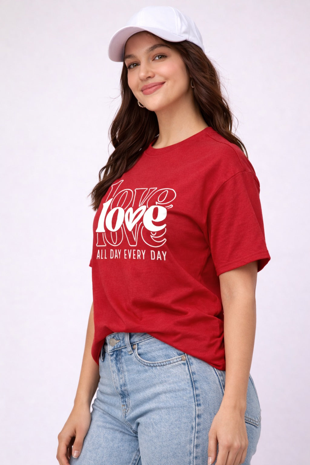 A RED T-SHIRT WITH A “LOVE” PRINT FOR WOMEN is bold, confident, and full of emotion.