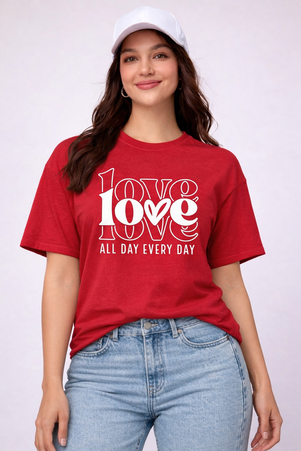 A RED T-SHIRT WITH A “LOVE” PRINT FOR WOMEN is bold, confident, and full of emotion.