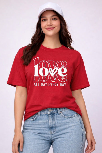 A RED T-SHIRT WITH A “LOVE” PRINT FOR WOMEN is bold, confident, and full of emotion.