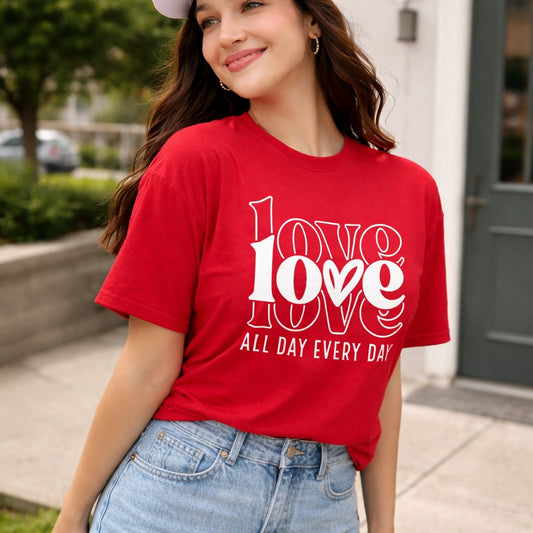 A RED T-SHIRT WITH A “LOVE” PRINT FOR WOMEN is bold, confident, and full of emotion.