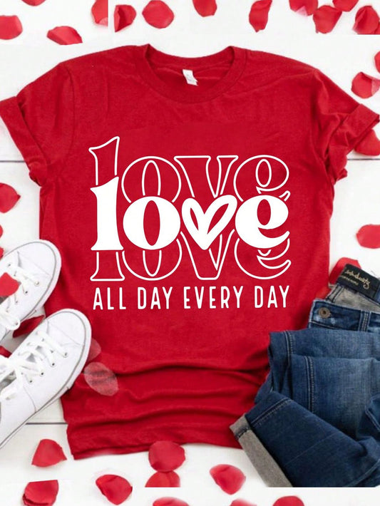 A RED T-SHIRT WITH A “LOVE” PRINT FOR WOMEN is bold, confident, and full of emotion.
