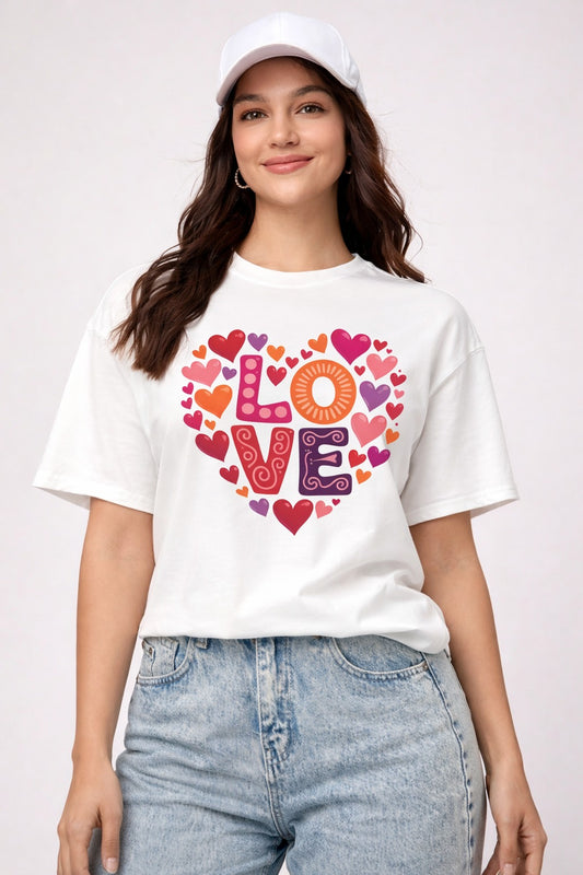 this white love-print T-shirt is a must-have wardrobe essential for women who love comfort with a touch of emotion and timeless style. 🤍❤️