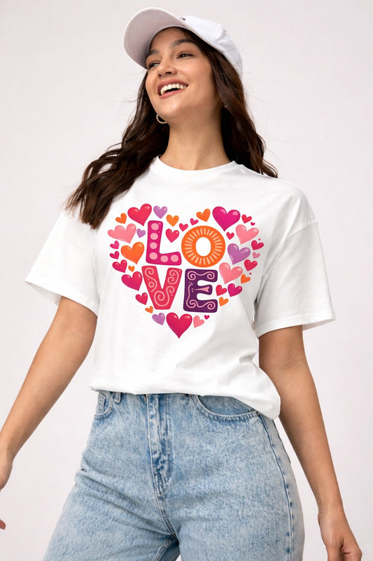 this white love-print T-shirt is a must-have wardrobe essential for women who love comfort with a touch of emotion and timeless style. 🤍❤️